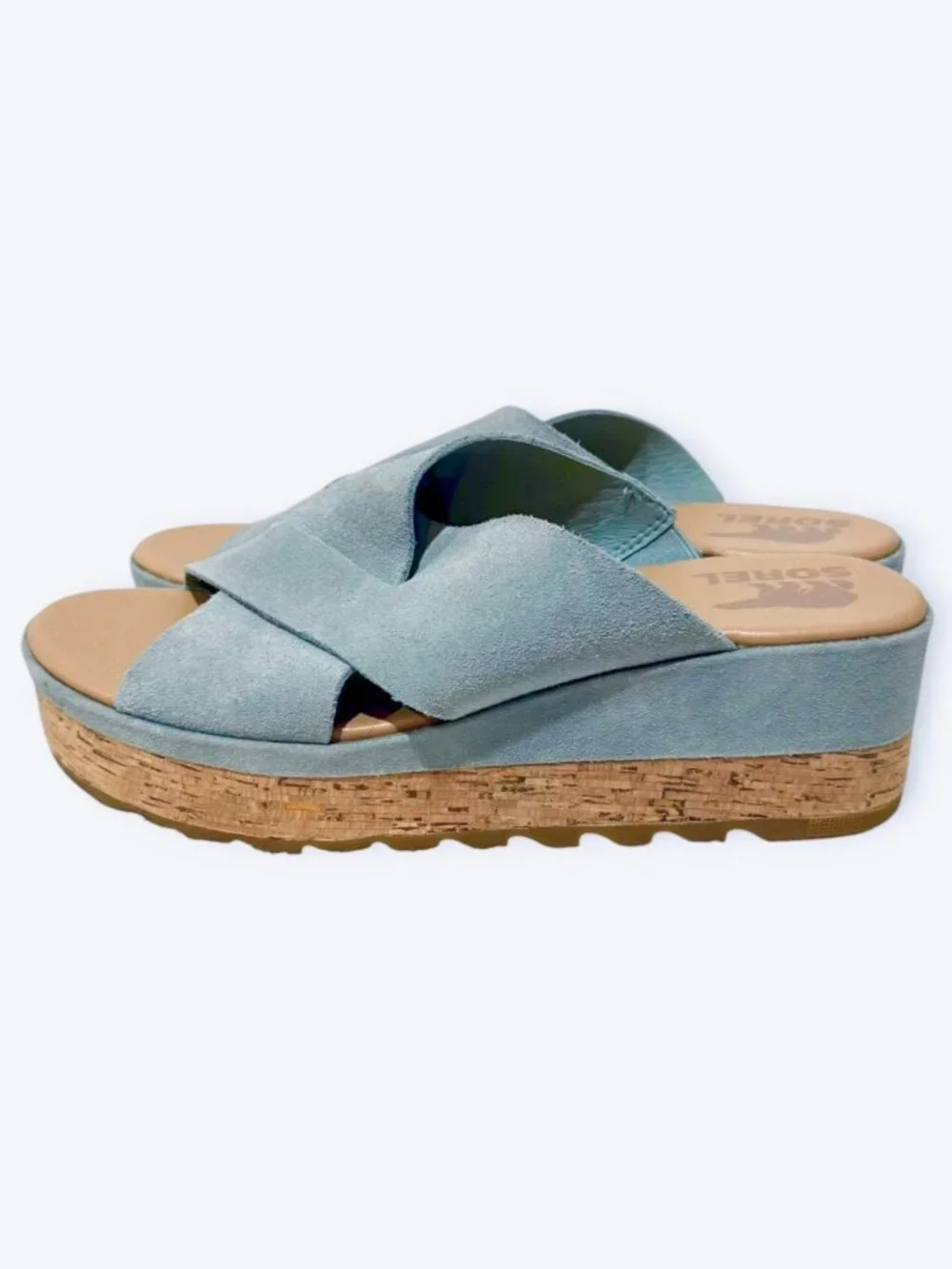 Sorel Cameron Flatform Mule Platform Sandals Light Blue Slip On Women's Size 9